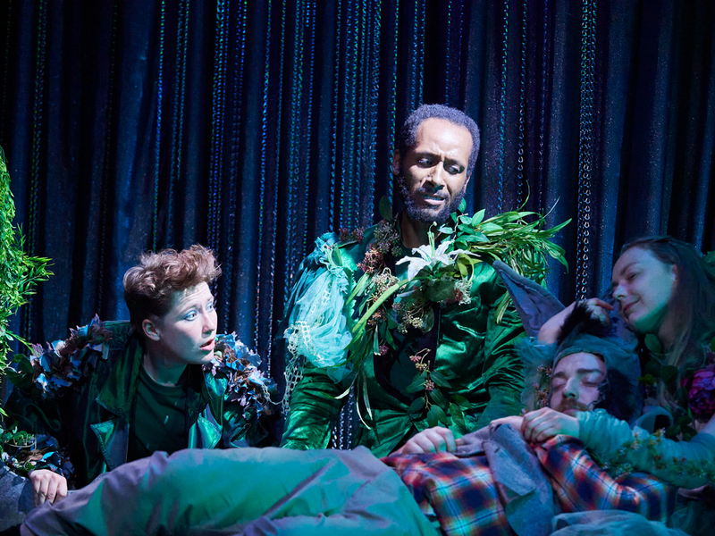 Oberon and Puck are watching the sleeping Bottom and Titania